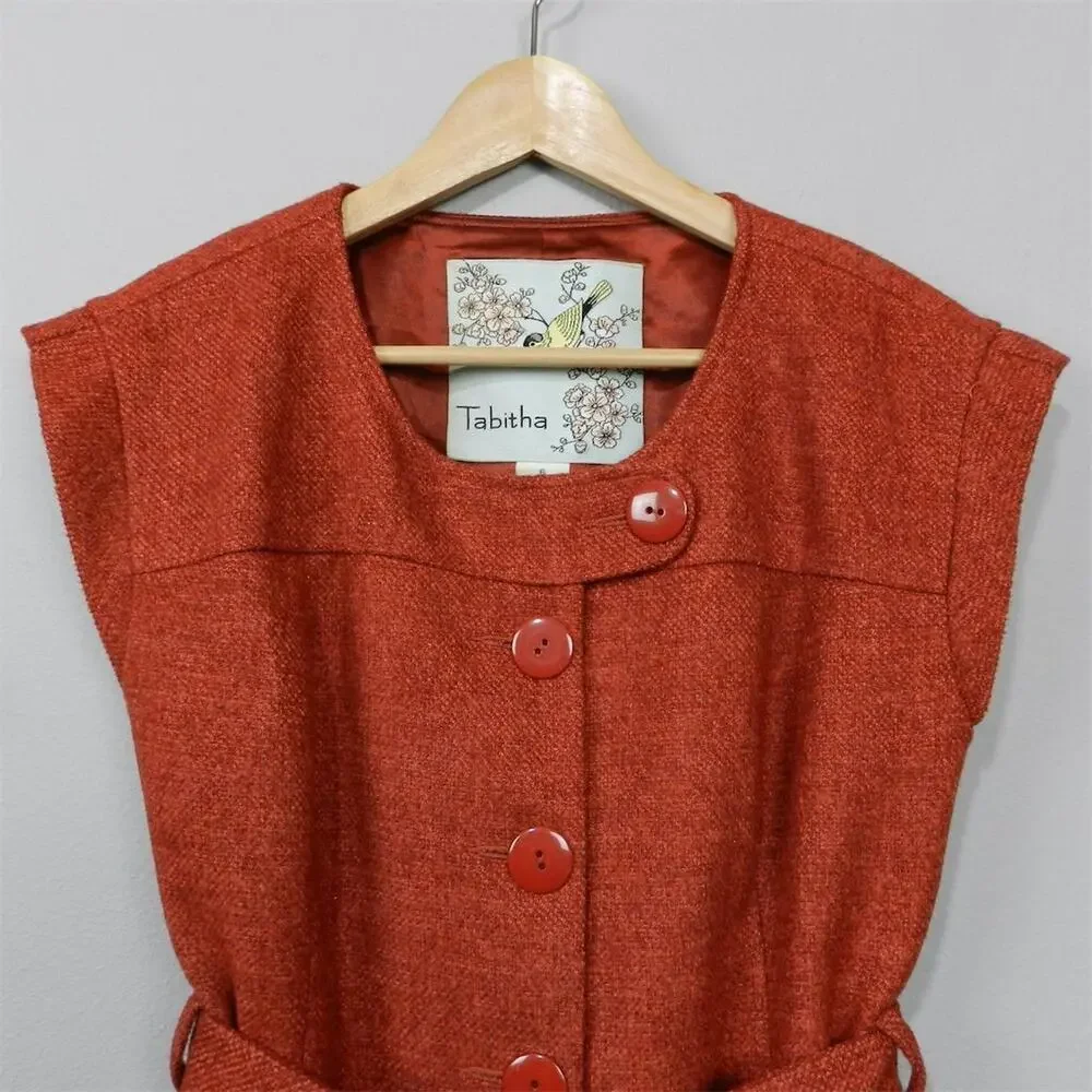 Anthropologie Tabitha Blustery Days Vest Size 6 Rust Orange Tweed Belted Jacket - Picture 3 of 15